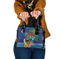 Fiji Iguana-Coat of Arms Shoulder Handbag with Hibiscus and Plumeria Palm Tree Tapa Art LT03 One Size Blue - Polynesian Pride