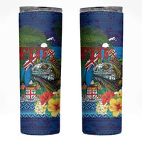Fiji Iguana-Coat of Arms Skinny Tumbler with Hibiscus and Plumeria Palm Tree Tapa Art LT03 Blue - Polynesian Pride