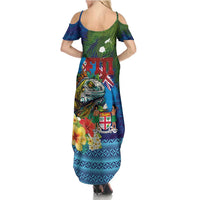 Fiji Iguana-Coat of Arms Summer Maxi Dress with Hibiscus and Plumeria Palm Tree Tapa Art