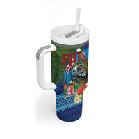 Fiji Iguana-Coat of Arms Tumbler With Handle with Hibiscus and Plumeria Palm Tree Tapa Art LT03 - Polynesian Pride