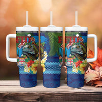 Fiji Iguana-Coat of Arms Tumbler With Handle with Hibiscus and Plumeria Palm Tree Tapa Art LT03 - Polynesian Pride