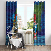 Fiji Iguana-Coat of Arms Window Curtain with Hibiscus and Plumeria Palm Tree Tapa Art