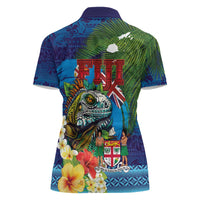 Fiji Iguana-Coat of Arms Women Polo Shirt with Hibiscus and Plumeria Palm Tree Tapa Art