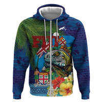 Fiji Iguana-Coat of Arms Zip Hoodie with Hibiscus and Plumeria Palm Tree Tapa Art