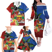 Personalised Fiji and Rotuma Together Family Matching Off The Shoulder Long Sleeve Dress and Hawaiian Shirt Fjian Masi and Pacific Pattern Mix Culture