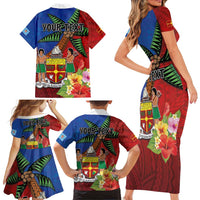 Personalised Fiji and Rotuma Together Family Matching Short Sleeve Bodycon Dress and Hawaiian Shirt Fjian Masi and Pacific Pattern Mix Culture