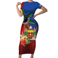 Personalised Fiji and Rotuma Together Short Sleeve Bodycon Dress Fjian Masi and Pacific Pattern Mix Culture