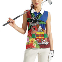Personalised Fiji and Rotuma Together Women Sleeveless Polo Shirt Fjian Masi and Pacific Pattern Mix Culture