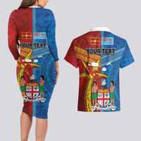 Personalised Fiji and Rotuma Together Couples Matching Long Sleeve Bodycon Dress and Hawaiian Shirt Tapa and Pacific Art Pattern with Cultural Emblems Half Style
