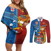 Personalised Fiji and Rotuma Together Couples Matching Off Shoulder Short Dress and Long Sleeve Button Shirt Tapa and Pacific Art Pattern with Cultural Emblems Half Style LT03 Red - Polynesian Pride
