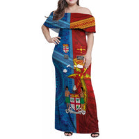 Personalised Fiji and Rotuma Together Family Matching Off Shoulder Maxi Dress and Hawaiian Shirt Tapa and Pacific Art Pattern with Cultural Emblems Half Style