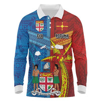 Personalised Fiji and Rotuma Together Long Sleeve Polo Shirt Tapa and Pacific Art Pattern with Cultural Emblems Half Style
