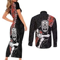 New Zealand Maori Warrior Rugby Couples Matching Short Sleeve Bodycon Dress and Long Sleeve Button Shirt Maori and Silver Fern Half Style LT03 - Polynesian Pride