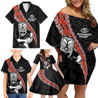 New Zealand Maori Warrior Rugby Family Matching Off Shoulder Short Dress and Hawaiian Shirt Maori and Silver Fern Half Style LT03 - Polynesian Pride