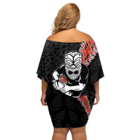 New Zealand Maori Warrior Rugby Family Matching Off Shoulder Short Dress and Hawaiian Shirt Maori and Silver Fern Half Style LT03 - Polynesian Pride
