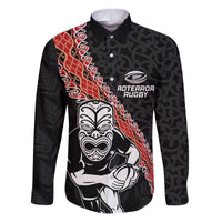 New Zealand Maori Warrior Rugby Family Matching Puletasi and Hawaiian Shirt Maori and Silver Fern Half Style LT03 Dad's Shirt - Long Sleeve Black - Polynesian Pride