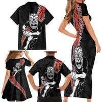 New Zealand Maori Warrior Rugby Family Matching Short Sleeve Bodycon Dress and Hawaiian Shirt Maori and Silver Fern Half Style LT03 - Polynesian Pride