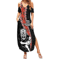 New Zealand Maori Warrior Rugby Summer Maxi Dress Maori and Silver Fern Half Style LT03 Women Black - Polynesian Pride