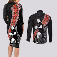 New Zealand Maori Rugby Player Couples Matching Long Sleeve Bodycon Dress and Long Sleeve Button Shirt Maori and Silver Fern Half Style LT03 - Polynesian Pride