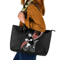 New Zealand Maori Rugby Player Leather Tote Bag Maori and Silver Fern Half Style LT03 Black - Polynesian Pride