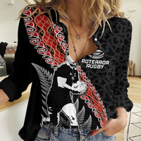 New Zealand Maori Rugby Player Women Casual Shirt Maori and Silver Fern Half Style LT03 Female Black - Polynesian Pride
