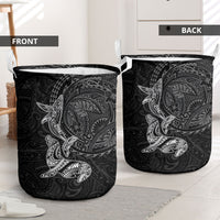 Hawaiian Monk Seal and Whale Laundry Basket Kakau Tribal Pattern Grayscale