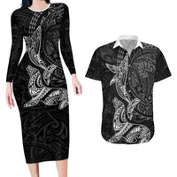 Hawaiian Monk Seal and Whale Couples Matching Long Sleeve Bodycon Dress and Hawaiian Shirt Kakau Tribal Pattern Grayscale LT03 Black - Polynesian Pride