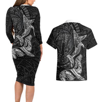 Hawaiian Monk Seal and Whale Couples Matching Long Sleeve Bodycon Dress and Hawaiian Shirt Kakau Tribal Pattern Grayscale LT03 - Polynesian Pride