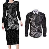 Hawaiian Monk Seal and Whale Couples Matching Long Sleeve Bodycon Dress and Long Sleeve Button Shirt Kakau Tribal Pattern Grayscale LT03 Black - Polynesian Pride