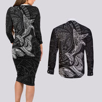 Hawaiian Monk Seal and Whale Couples Matching Long Sleeve Bodycon Dress and Long Sleeve Button Shirt Kakau Tribal Pattern Grayscale LT03 - Polynesian Pride