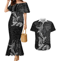 Hawaiian Monk Seal and Whale Couples Matching Mermaid Dress and Hawaiian Shirt Kakau Tribal Pattern Grayscale LT03 Black - Polynesian Pride