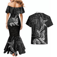 Hawaiian Monk Seal and Whale Couples Matching Mermaid Dress and Hawaiian Shirt Kakau Tribal Pattern Grayscale LT03 - Polynesian Pride