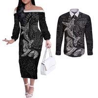 Hawaiian Monk Seal and Whale Couples Matching Off The Shoulder Long Sleeve Dress and Long Sleeve Button Shirt Kakau Tribal Pattern Grayscale LT03 Black - Polynesian Pride