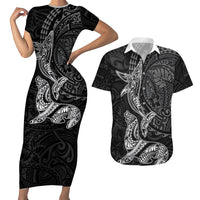 Hawaiian Monk Seal and Whale Couples Matching Short Sleeve Bodycon Dress and Hawaiian Shirt Kakau Tribal Pattern Grayscale LT03 Black - Polynesian Pride