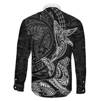 Hawaiian Monk Seal and Whale Family Matching Off The Shoulder Long Sleeve Dress and Hawaiian Shirt Kakau Tribal Pattern Grayscale LT03 - Polynesian Pride