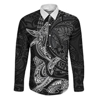 Hawaiian Monk Seal and Whale Family Matching Off Shoulder Short Dress and Hawaiian Shirt Kakau Tribal Pattern Grayscale LT03 Dad's Shirt - Long Sleeve Black - Polynesian Pride