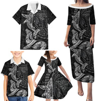 Hawaiian Monk Seal and Whale Family Matching Puletasi and Hawaiian Shirt Kakau Tribal Pattern Grayscale LT03 - Polynesian Pride