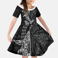 Hawaiian Monk Seal and Whale Family Matching Tank Maxi Dress and Hawaiian Shirt Kakau Tribal Pattern Grayscale LT03 Daughter's Dress Black - Polynesian Pride