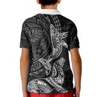Hawaiian Monk Seal and Whale Kid Polo Shirt Kakau Tribal Pattern Grayscale