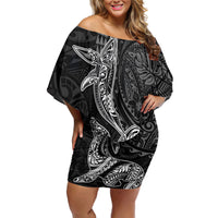Hawaiian Monk Seal and Whale Off Shoulder Short Dress Kakau Tribal Pattern Grayscale