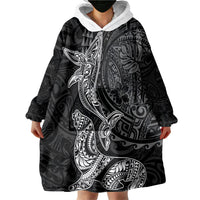 Hawaiian Monk Seal and Whale Wearable Blanket Hoodie Kakau Tribal Pattern Grayscale