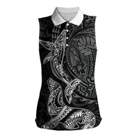 Hawaiian Monk Seal and Whale Women Sleeveless Polo Shirt Kakau Tribal Pattern Grayscale LT03 Female Black - Polynesian Pride