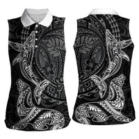 Hawaiian Monk Seal and Whale Women Sleeveless Polo Shirt Kakau Tribal Pattern Grayscale LT03 - Polynesian Pride