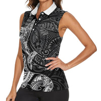 Hawaiian Monk Seal and Whale Women Sleeveless Polo Shirt Kakau Tribal Pattern Grayscale LT03 - Polynesian Pride