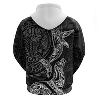 Hawaiian Monk Seal and Whale Zip Hoodie Kakau Tribal Pattern Grayscale
