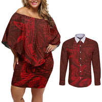 Hawaiian Monk Seal and Whale Couples Matching Off Shoulder Short Dress and Long Sleeve Button Shirt Kakau Tribal Pattern Red Color LT03 Red - Polynesian Pride