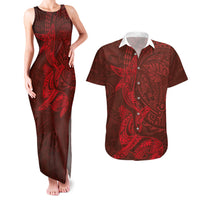 Hawaiian Monk Seal and Whale Couples Matching Tank Maxi Dress and Hawaiian Shirt Kakau Tribal Pattern Red Color LT03 Red - Polynesian Pride