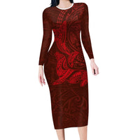 Hawaiian Monk Seal and Whale Family Matching Long Sleeve Bodycon Dress and Hawaiian Shirt Kakau Tribal Pattern Red Color LT03 Mom's Dress Red - Polynesian Pride