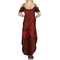 Hawaiian Monk Seal and Whale Summer Maxi Dress Kakau Tribal Pattern Red Color