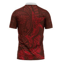 Hawaiian Monk Seal and Whale Zipper Polo Shirt Kakau Tribal Pattern Red Color